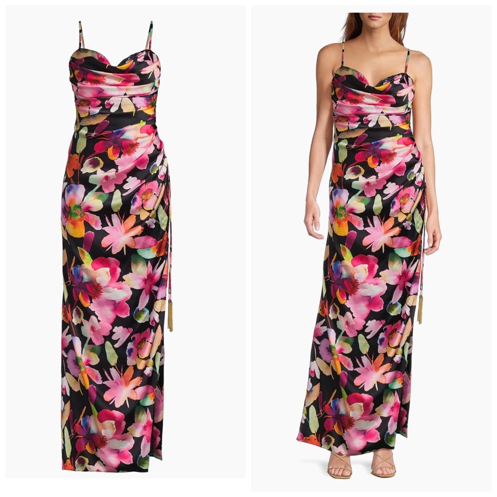 Liv Foster Floral Ruched Sateen Column Gown Size 12